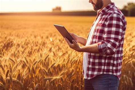 Agriculteur utilisant une tablette dans un champ de maïs