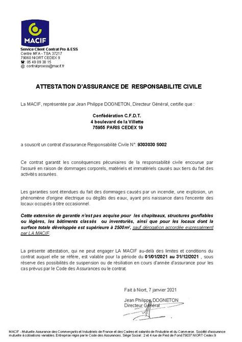 Attestation Assurance Responsabilité Civile Professionnelle