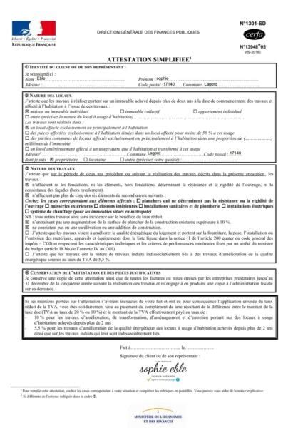 Attestation TVA réduite