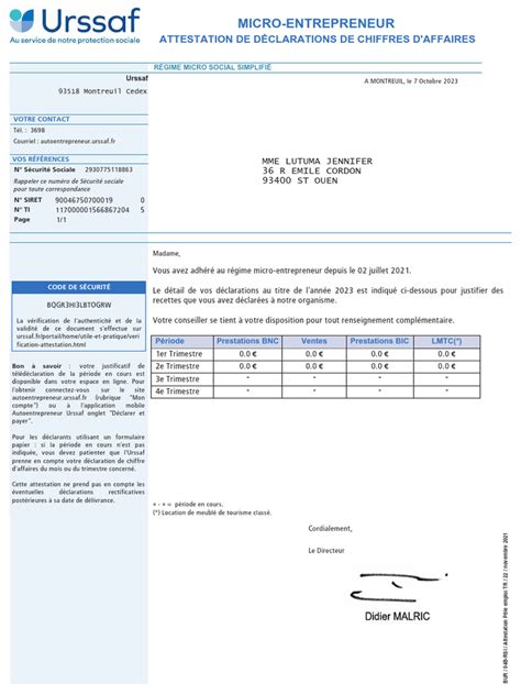 Attestation de déclaration de chiffre d'affaires URSSAF