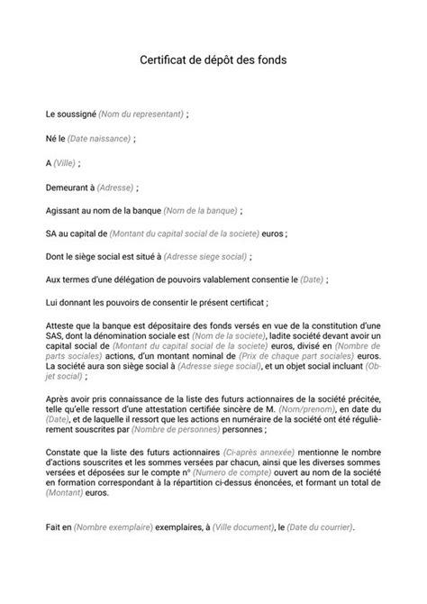 Attestation de dépôt des fonds