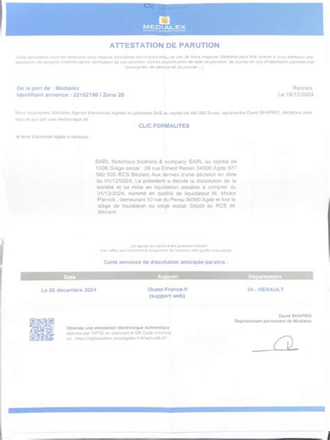 Attestation de parution