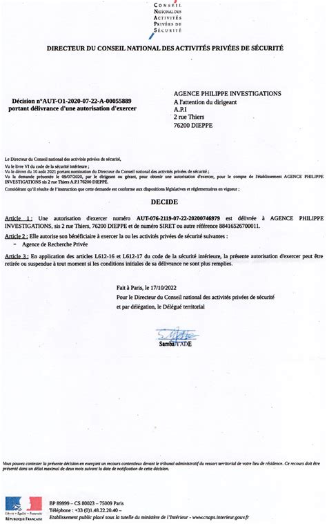 Autorisation d'exercer pour une entreprise de sécurité privée