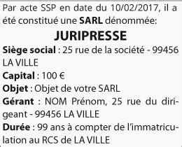 Avis de constitution SARL