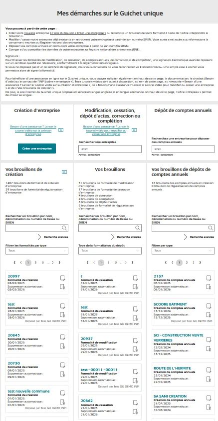 Capture d'écran du Guichet Unique