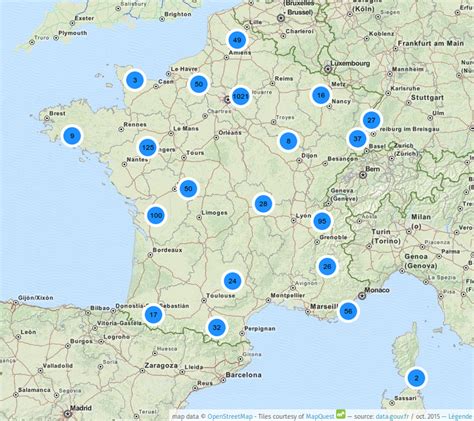 Carte de France des bornes de recharge pour véhicules électriques