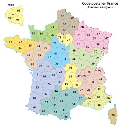 Carte de France des départements avec codes postaux