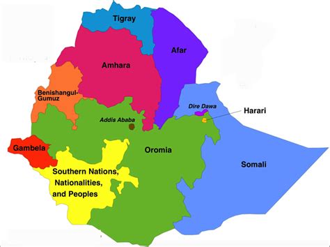 Carte des régions administratives de l'Éthiopie