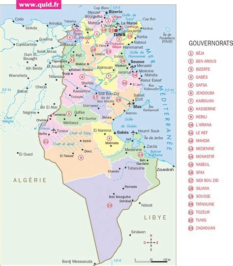 Carte des régions de la Tunisie