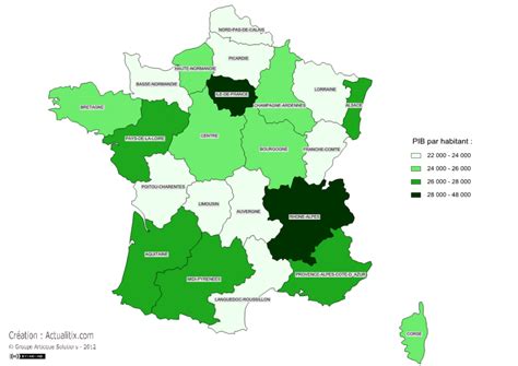 Carte du PIB par habitant par région en France