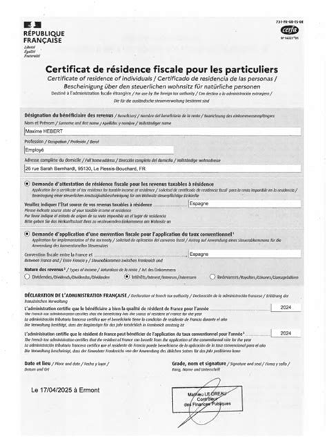 Certificat de résidence fiscale