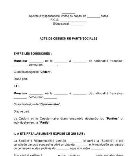 Cession de Parts Sociales SARL