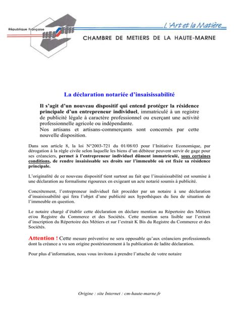 Déclaration d'insaisissabilité