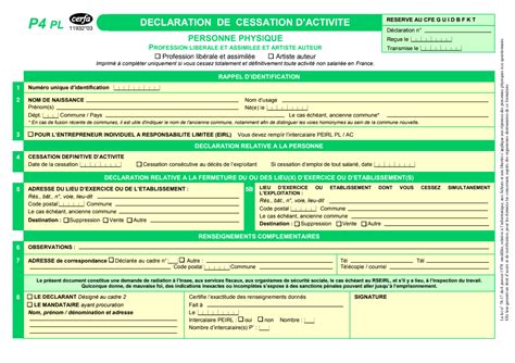 Déclaration de cessation d'activité
