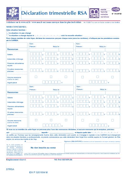 Déclaration trimestrielle RSA