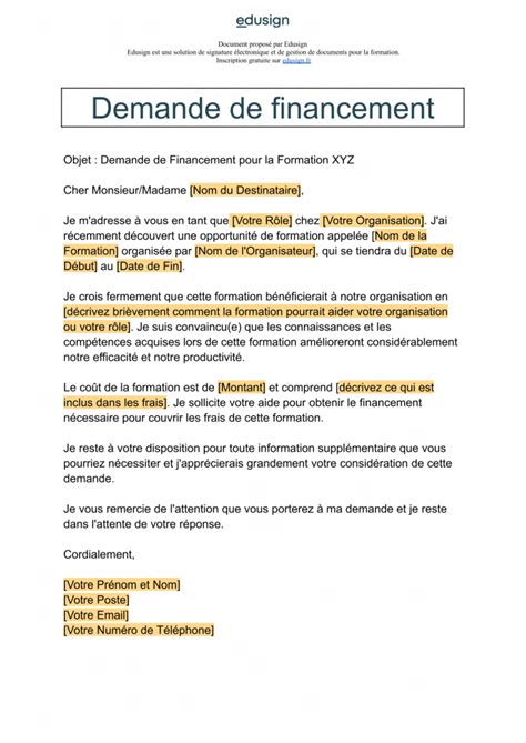 Demande de financement professionnel