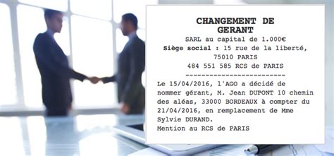 Exemple annonce légale changement de gérant SARL