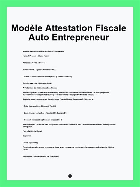 Exemple attestation fiscale auto entrepreneur