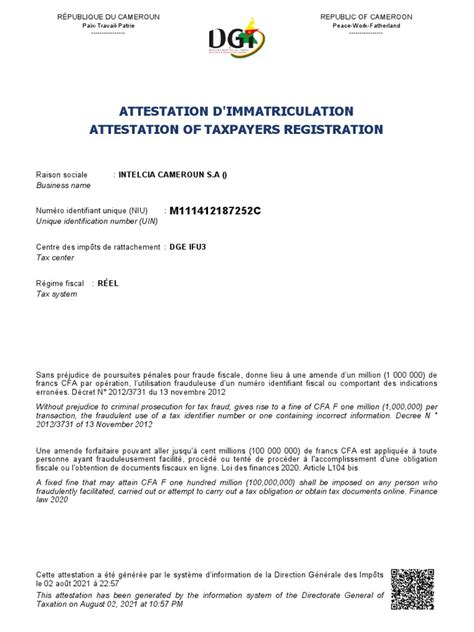 Exemple d'Attestation d'Immatriculation Auto-Entrepreneur