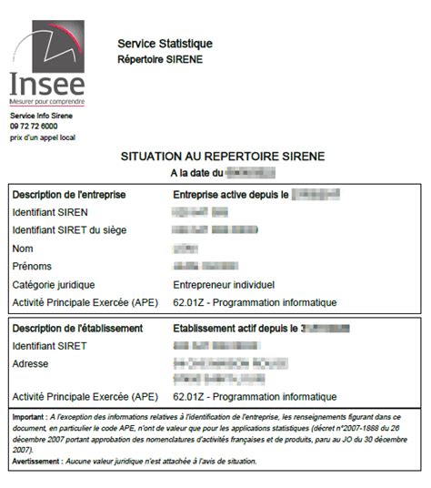 Exemple d'attestation INSEE