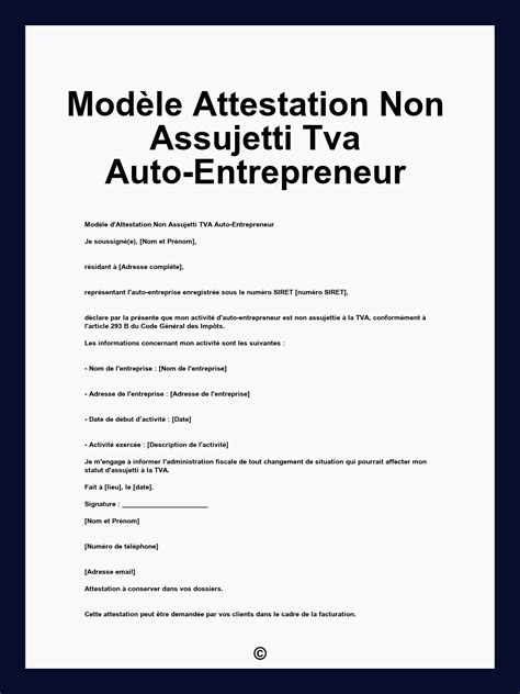 Exemple d'attestation de TVA pour auto-entrepreneur