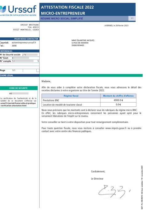 Exemple d'attestation fiscale pour auto-entrepreneur