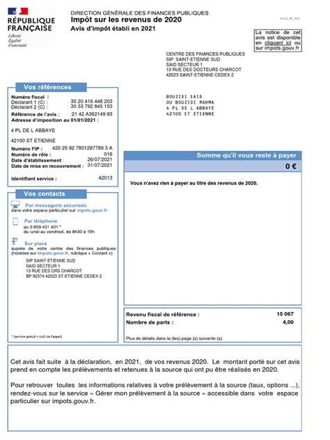 Exemple d'avis d'imposition
