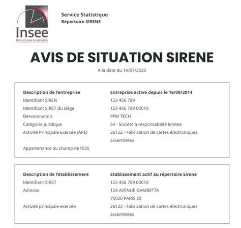 Exemple d'avis de situation au répertoire SIRENE