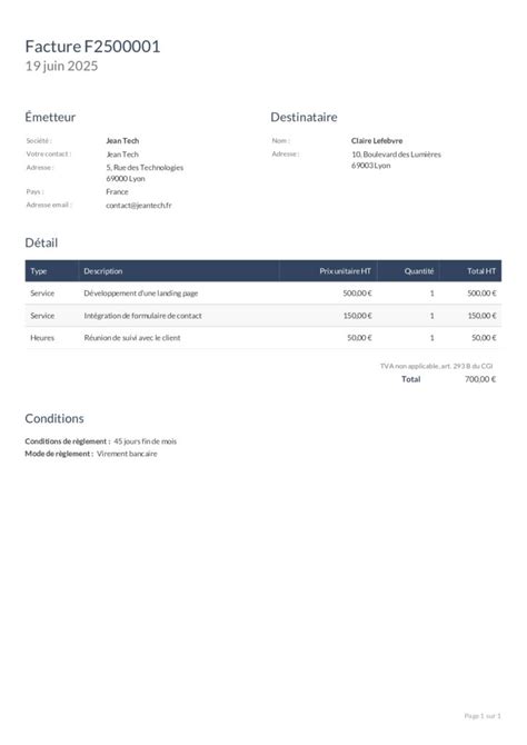 Exemple d'identité du client sur une facture auto-entrepreneur