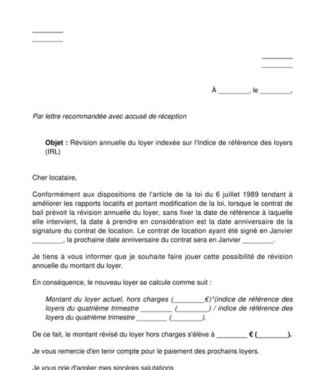 Exemple de courrier de revalorisation de loyer