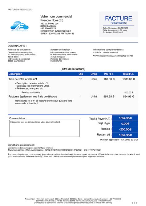 Exemple de facture auto-entrepreneur