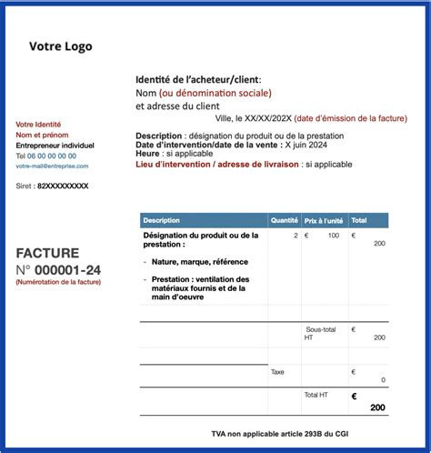 Exemple de facture auto-entrepreneur avec description du service, montant et date de livraison