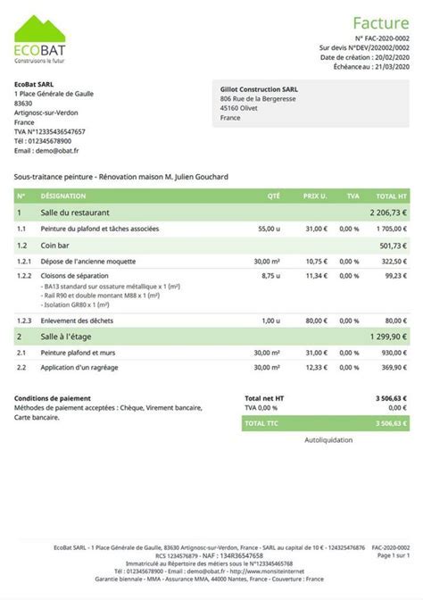 Exemple de facture avec autoliquidation de la TVA