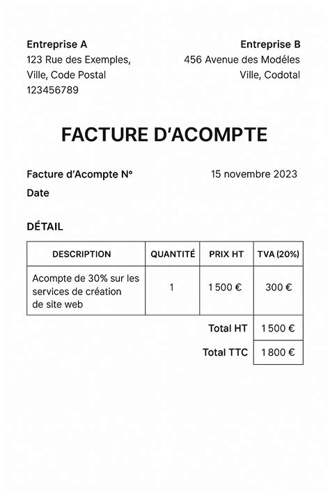 Exemple de facture d'acompte avec TVA