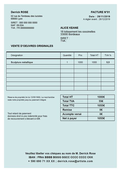 Exemple de facture pour artiste-auteur