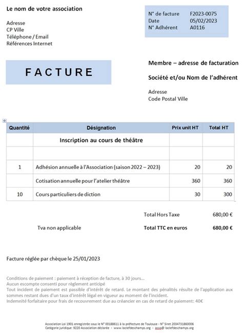 Exemple de facture pour une association sportive