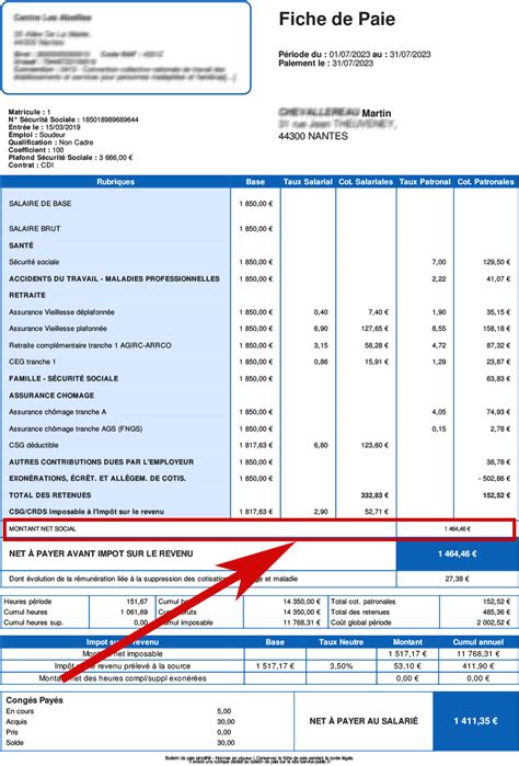 Exemple de fiche de paie avec le montant net social