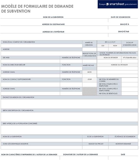 Exemple de formulaire de demande de subvention