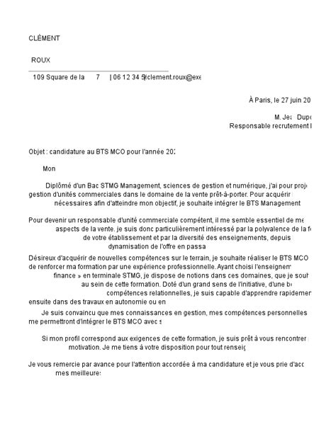 Exemple de lettre de motivation BTS MCO