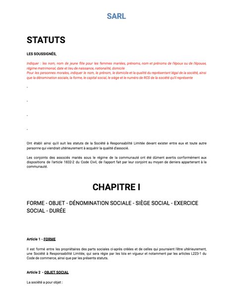 Exemple de statuts de SARL