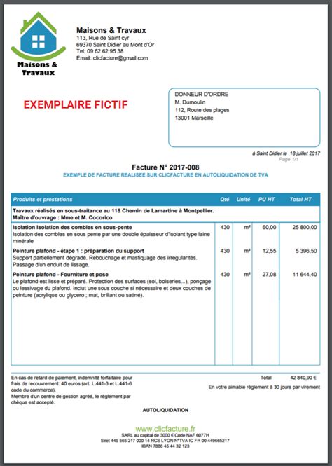 Exemple facture autoliquidation TVA