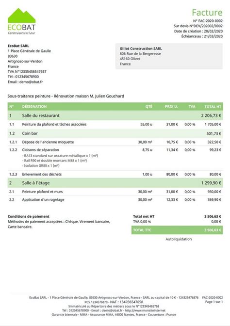 Exemple facture autoliquidation TVA sous-traitance batiment Obat