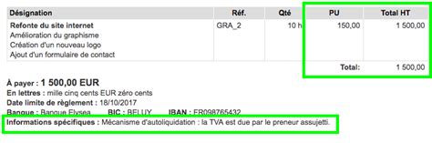 Facture avec mention d'autoliquidation de la TVA