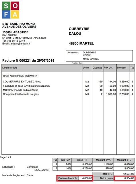 Facture d'acompte TVA