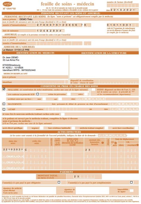 Feuille de soins exemple