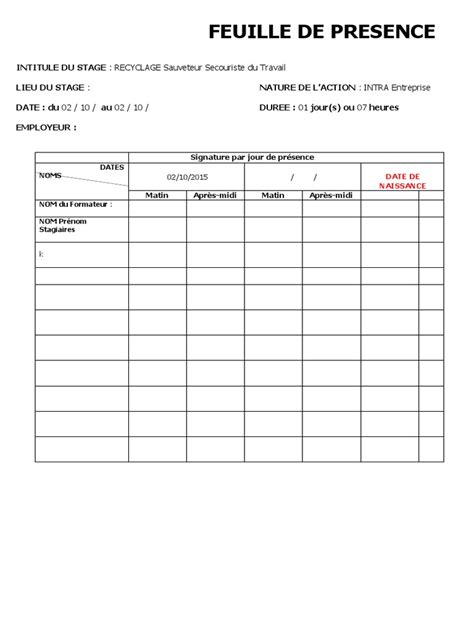 Informations à inclure dans la feuille de présence