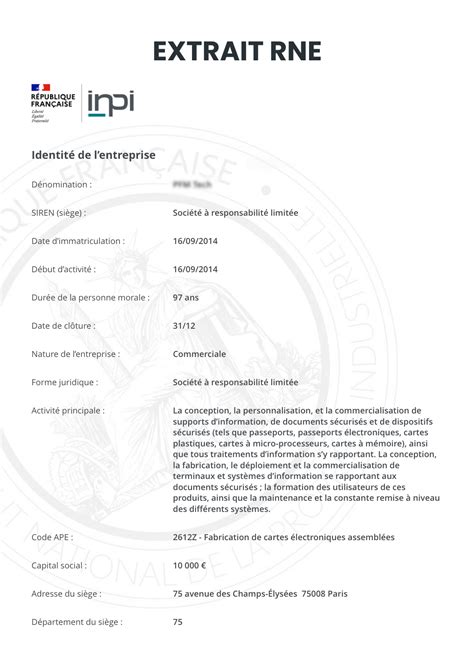 Informations figurant sur l’extrait RNE