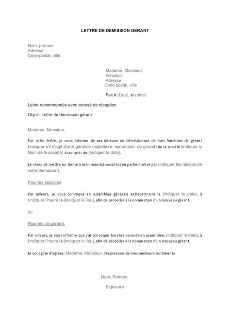Lettre de démission gérant SARL