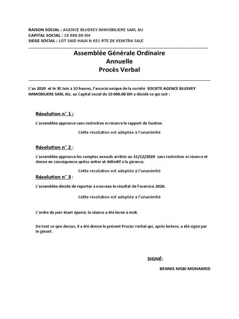 Mentions obligatoires PV AGOA SARL