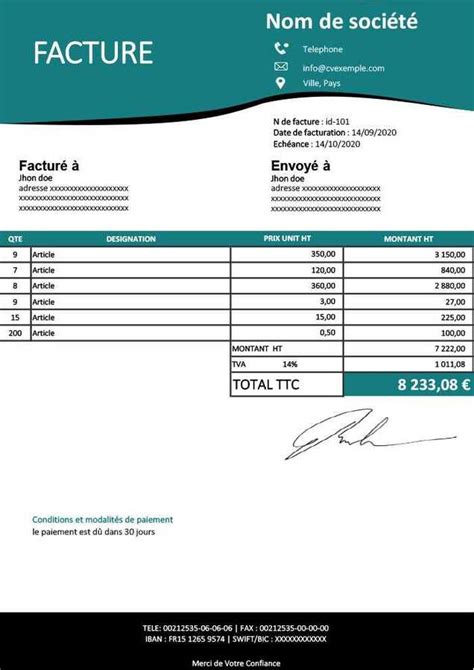 Modèle Excel de facture